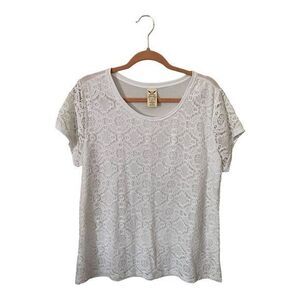 Faded Glory Lace Lined Overlay Knitted Tshirt Top White Women's‎ Size XL 16-18